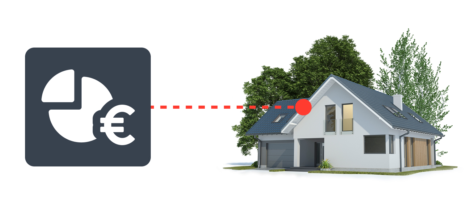 Symbolische Darstellung einer Immobilienfinanzierung: Grafik-Icon mit Tortendiagramm und Euro-Symbol zeigt auf ein modernes Einfamilienhaus.