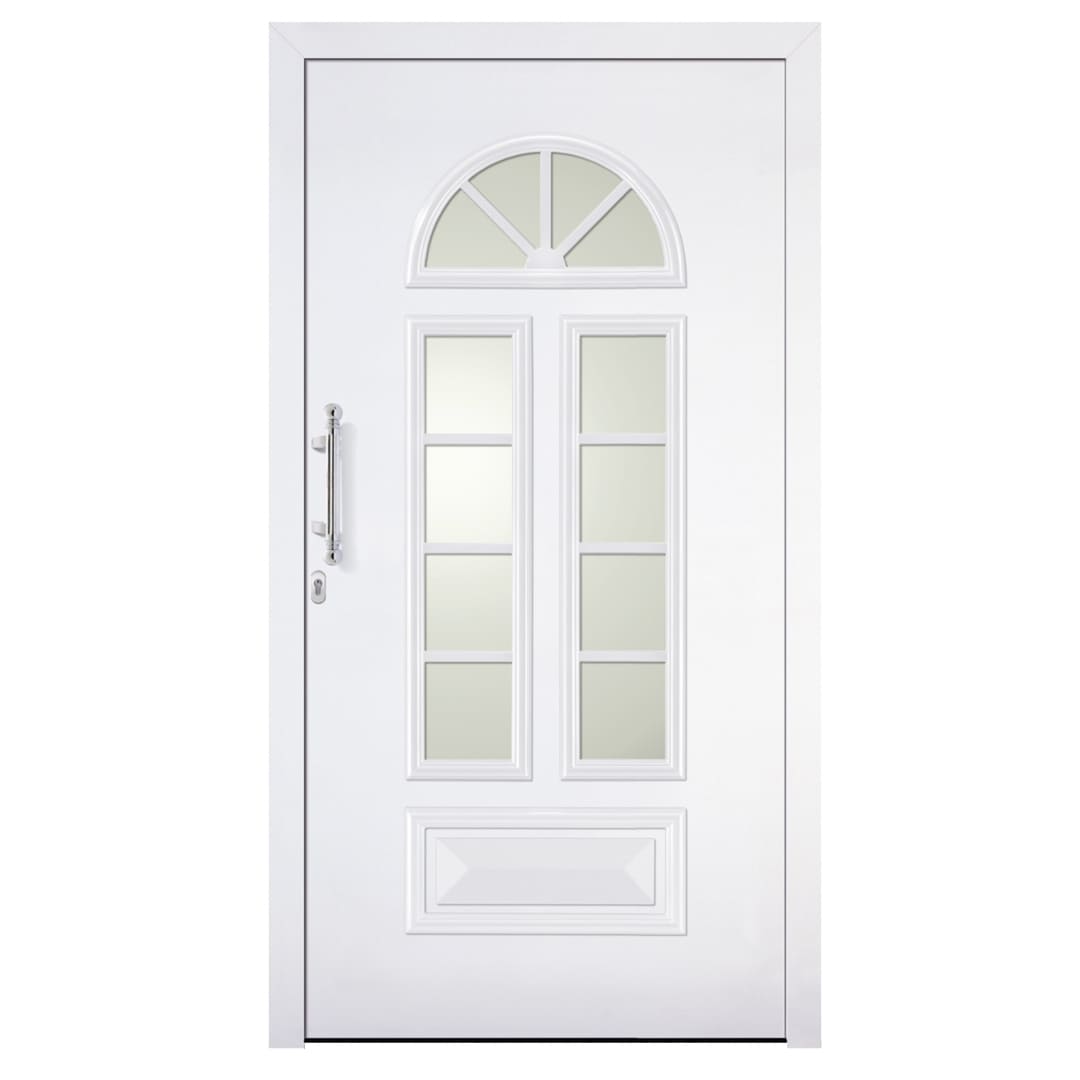 Kunststoff-Haustür in weiß mit kleinen Blickfenstern von Fensterbau Hartmann.